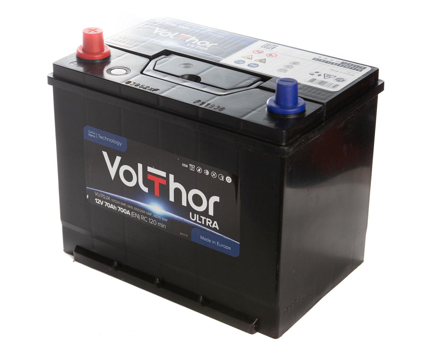 Акумулятор легковий VOLTHOR 6СТ-70(1) JIS (700А) ULTRA 12B, 70Ah, 700A, плюс ліворуч (L+) кальцієвий (Ca/Ca) 259X173X200(220) мм (301370)